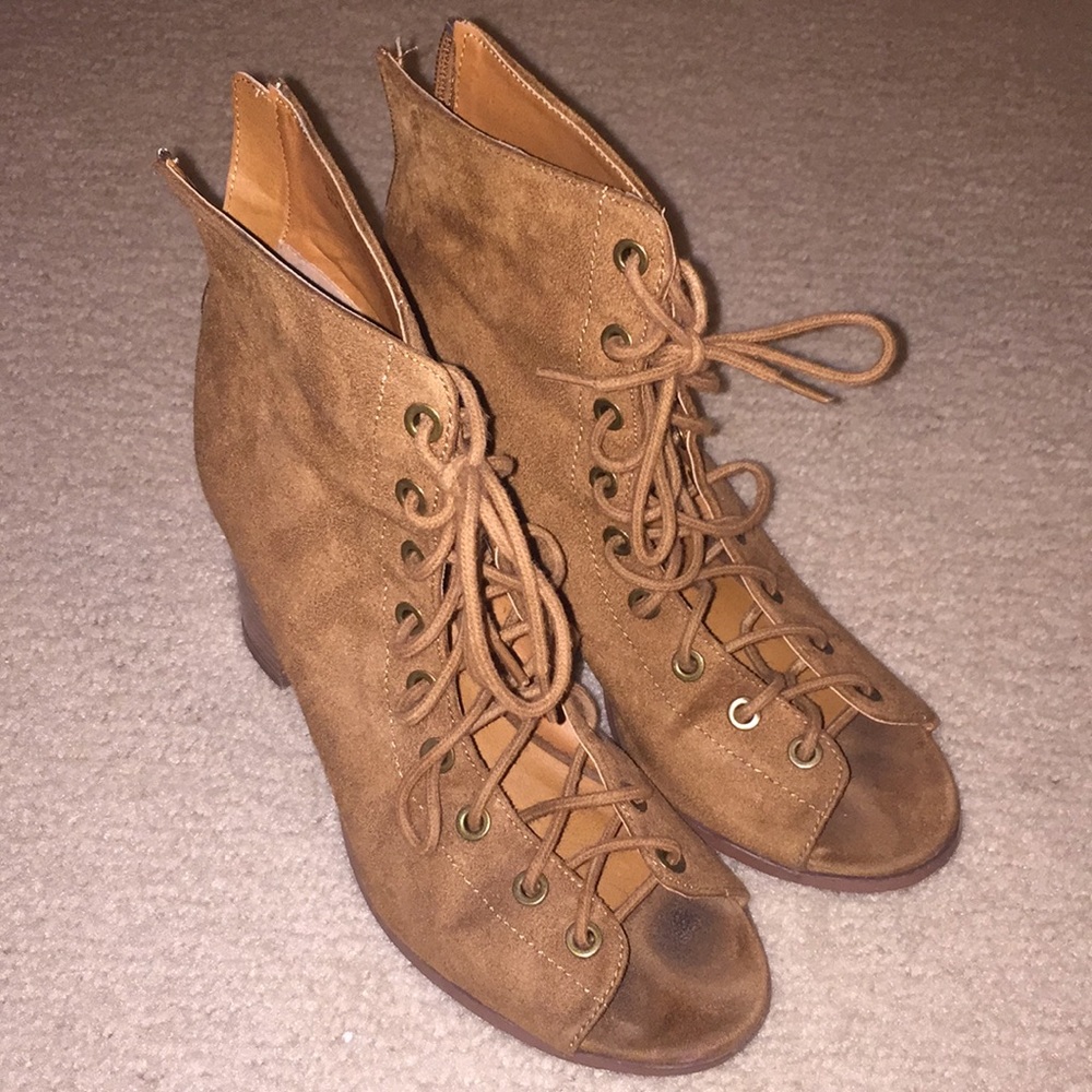brown, lace up wedges